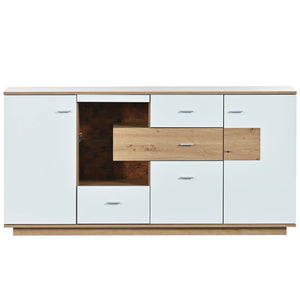 Buffet Lumina blanc et bois. 4 tiroirs et 2 portes et 1 étagère en verre