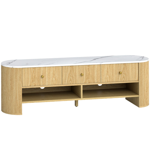 Meuble TV ALBA 140 cm – Plateau effet marbre, tiroirs cannelés