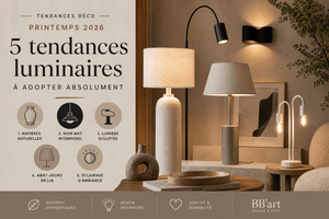 Mise en scène de luminaires design dans un salon contemporain, illustrant les tendances déco printemps 2026 : matières naturelles, lin, noir mat et éclairage d’ambiance.