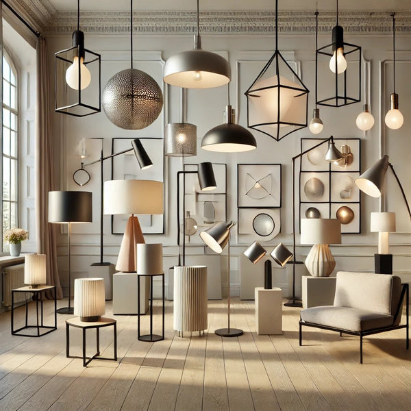 Collection de luminaires modernes : suspensions, lampadaires, et appliques murales dans un intérieur contemporain.