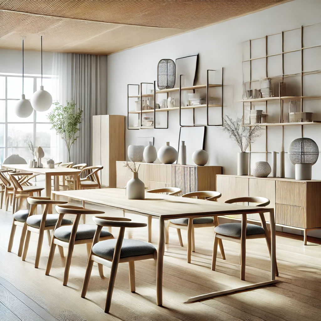 Collection de meubles modernes : tables, chaises, étagères et buffets dans un design contemporain.