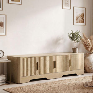 Meuble TV 140 cm, Meuble Télé pour Téléviseur jusqu'à 60 Pouces, 4 Portes Cannelées et Étagères Réglables, Chêne