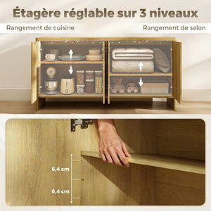 Buffet salon, meuble de rangement avec 4 portes rainurées, étagère réglable, ouverture par pression, 147x40x77cm, chêne