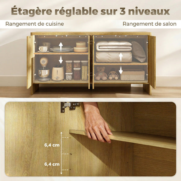 Buffet ARCO 147 cm – Effet chêne, façades cannelées & ouverture push