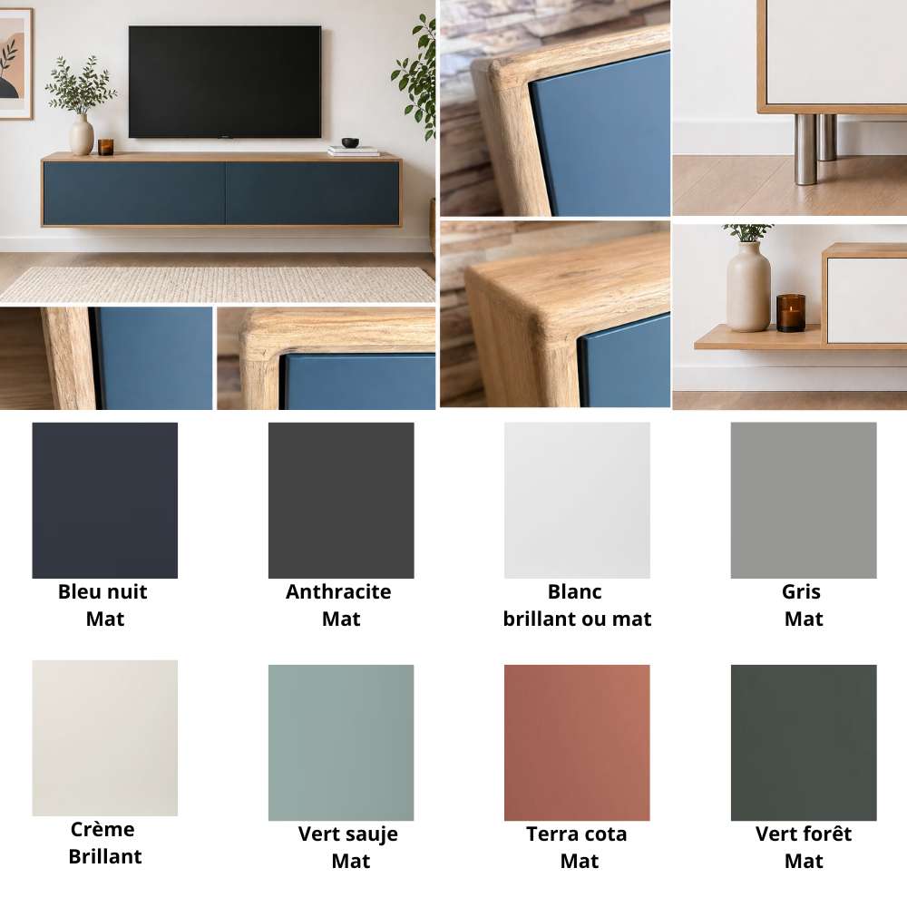 Meuble TV Melvik Suspendu Bois massif & Façades Colorées