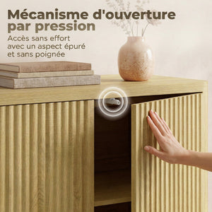 Buffet salon, meuble de rangement avec 4 portes rainurées, étagère réglable, ouverture par pression, 147x40x77cm, chêne