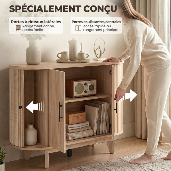 Buffet OVALIA 90 cm – Effet chêne clair, bords arrondis & cannelures