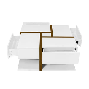 Table Basse Carrée Blanche 4 Tiroirs — Plateau Brillant - Tables basses