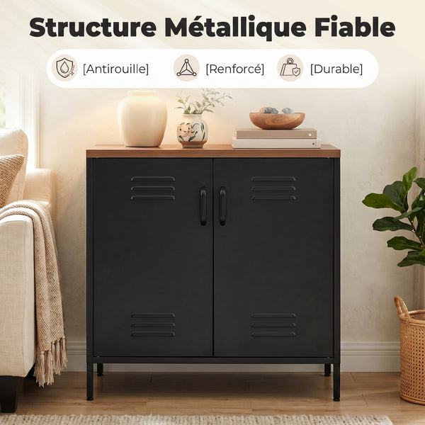 Buffet industriel FORGE 80 cm – Acier noir, plateau effet bois