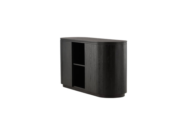 Buffet FJÄLLBACKA 160 cm – plaqué chêne noir, niches ouvertes