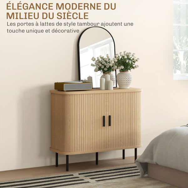 Buffet RIVA 90 cm – Effet chêne & noir, portes coulissantes à lattes