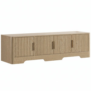 Meuble TV 140 cm, Meuble Télé pour Téléviseur jusqu'à 60 Pouces, 4 Portes Cannelées et Étagères Réglables, Chêne