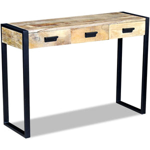console avec 3 tiroirs bois de manguier 110x35x78 cm avec poignées en fer