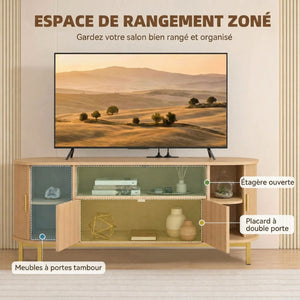 Meuble TV 140 cm avec 2 Prises et 2 Ports, Meuble Télé pour 84 Pouces, 2 Portes Battantes, 2 Portes Coulissantes, Chêne