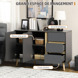 Buffet bas meuble de rangement sur pieds style scandinave 2 portes 3 tiroirs 120 x 40 x 80 cm gris anthracite