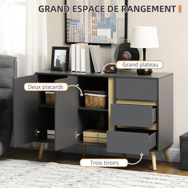 Buffet scandinave HELSA 120 cm – Anthracite & effet bois, 3 tiroirs