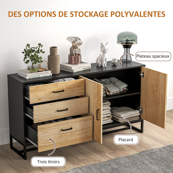 Buffet MILO 140 cm – Finition bois naturel & acier noir, 3 tiroirs