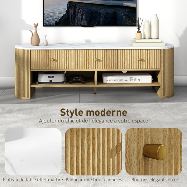Meuble TV ALBA 140 cm – Plateau effet marbre, tiroirs cannelés
