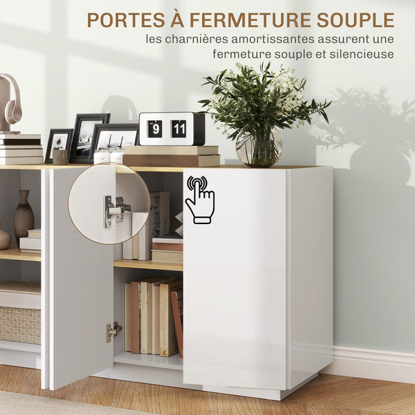 Buffet NORA 140 cm – Blanc laqué & plateau effet pin, portes amorties