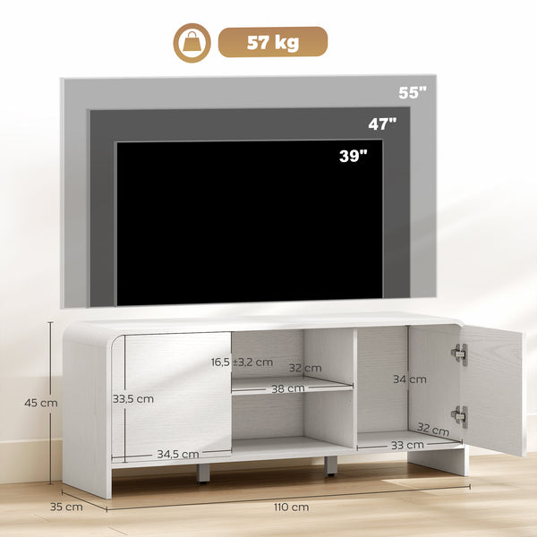 Meuble TV NOVA 110 cm – Blanc, coins arrondis, TV jusqu'à 55"