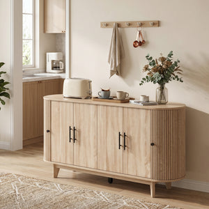 Buffet salon, meuble de rangement ovale avec 6 portes et 2 étagères réglables, 147x40x76cm, chêne