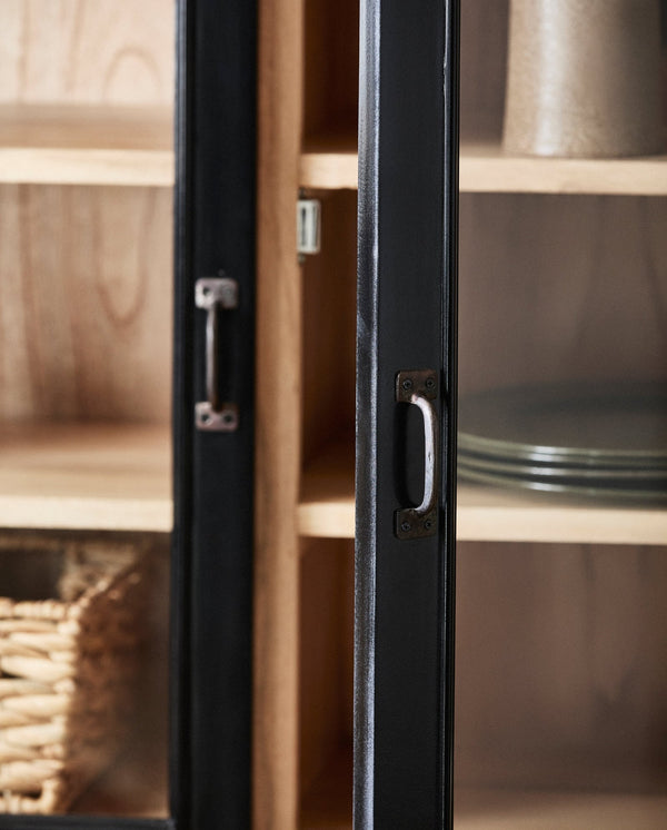 Vitrine VIVA 210 cm – Noire, 2 portes vitrées, 4 tiroirs