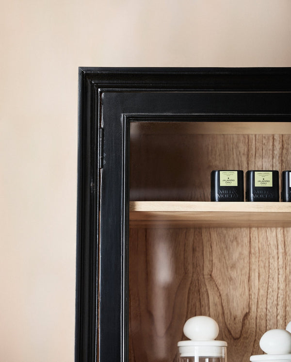 Vitrine VIVA 210 cm – Noire, 2 portes vitrées, 4 tiroirs