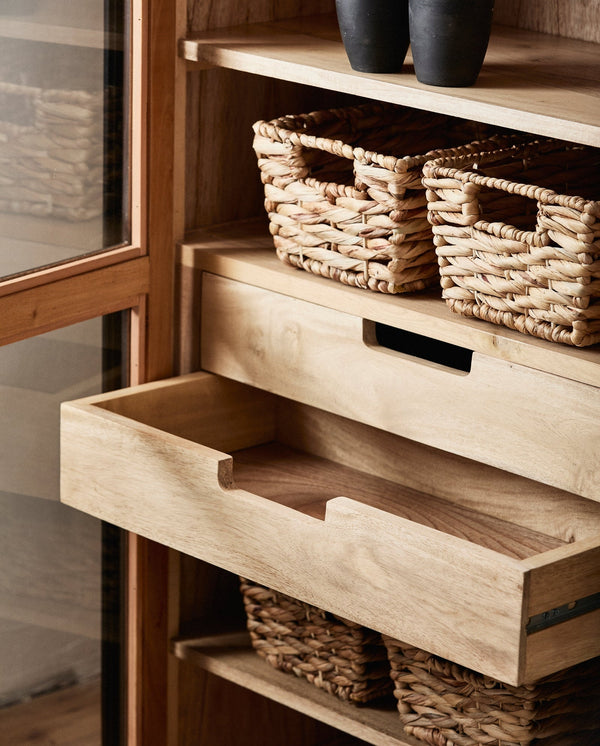 Vitrine VIVA 210 cm – Noire, 2 portes vitrées, 4 tiroirs