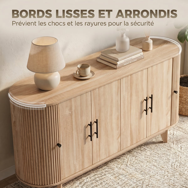 Buffet OVALIA 147 cm – Effet chêne clair, 2 placards & niches coulissantes
