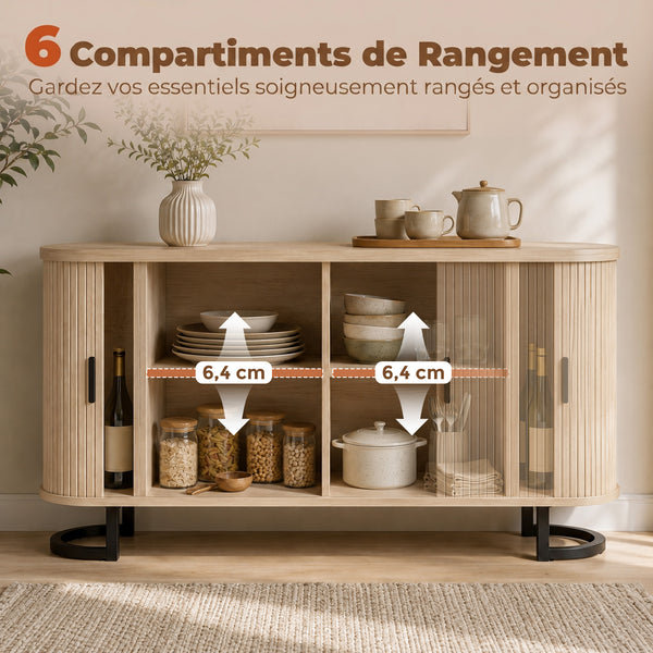 Buffet LUNA 140 cm – Finition bois naturel, portes coulissantes cannelées