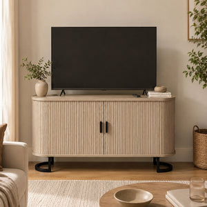 Buffet salon, meuble de rangement ovale avec 2 portes coulissantes et étagères réglables, 140x40x75cm, bois naturel