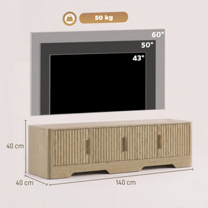 Meuble TV 140 cm, Meuble Télé pour Téléviseur jusqu'à 60 Pouces, 4 Portes Cannelées et Étagères Réglables, Chêne