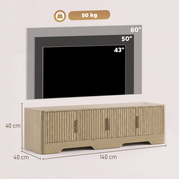 Meuble TV SOLA 140 cm – Effet chêne, portes cannelées, TV jusqu'à 60"