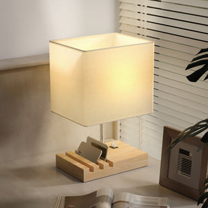 Lampe de chevet DOCK en bois et tissu blanc avec ports USB