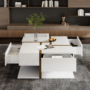 Table Basse Carrée Blanche 4 Tiroirs — Plateau Brillant - Tables basses
