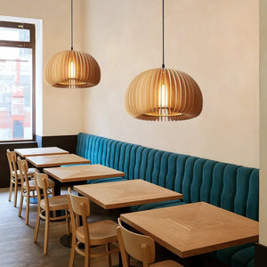 Suspension LED en bois massif style japonais - Luminaire citrouille