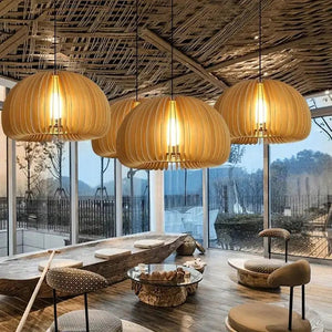 Suspension LED en bois massif style japonais - Luminaire citrouille