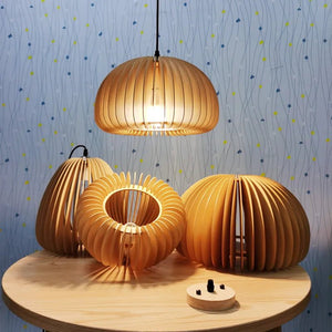 Suspension LED en bois massif style japonais - Luminaire citrouille