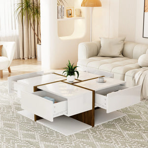 Table Basse Carrée Blanche 4 Tiroirs — Plateau Brillant - Tables basses