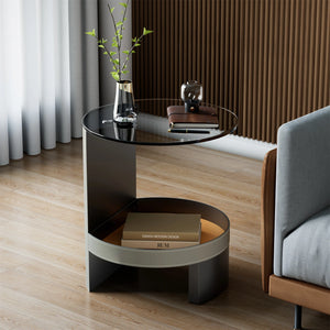 Table d’Appoint Design – Verre Fumé, Cuir et Métal - Tables basses