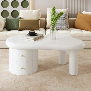 Table Basse Blanc Mat Forme Libre 2 Tiroirs — Design Organique - Tables basses