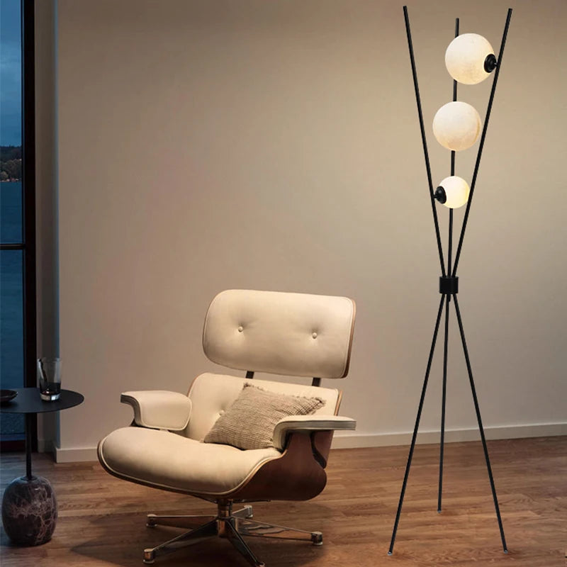 Lampadaire LED Trépied en Bois pour Salon, Lampe sur Pied Moderne