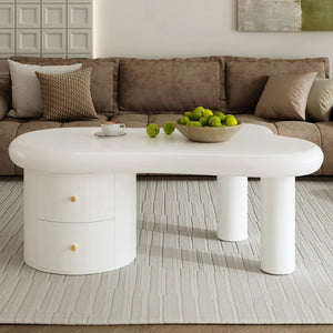 Table Basse Blanc Mat Forme Libre 2 Tiroirs — Design Organique - Tables basses