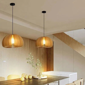 Suspension LED en bois massif style japonais - Luminaire citrouille