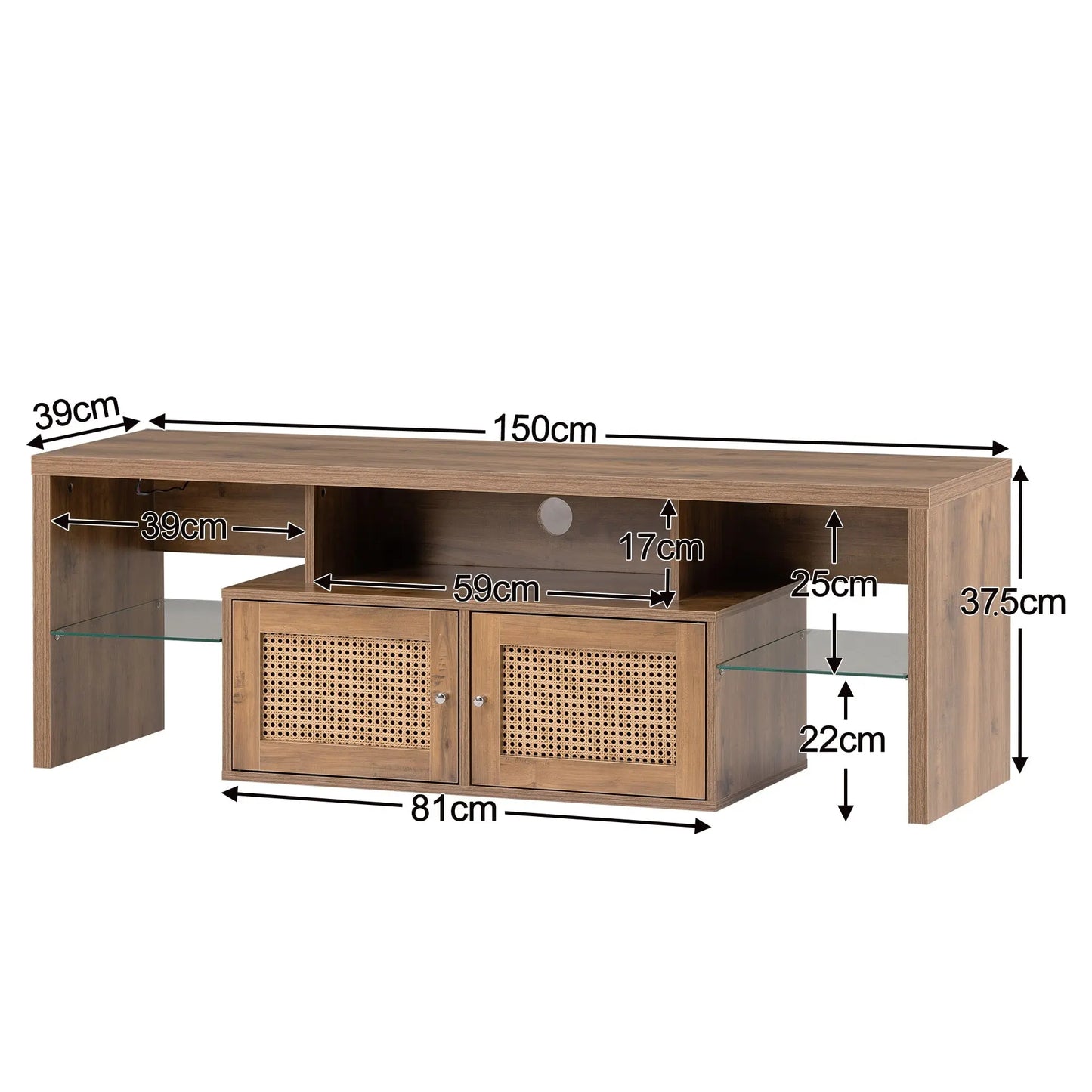 Meuble tv NATURA Rotin 150, lumière LED