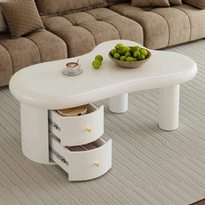 Table Basse Blanc Mat Forme Libre 2 Tiroirs — Design Organique - Tables basses