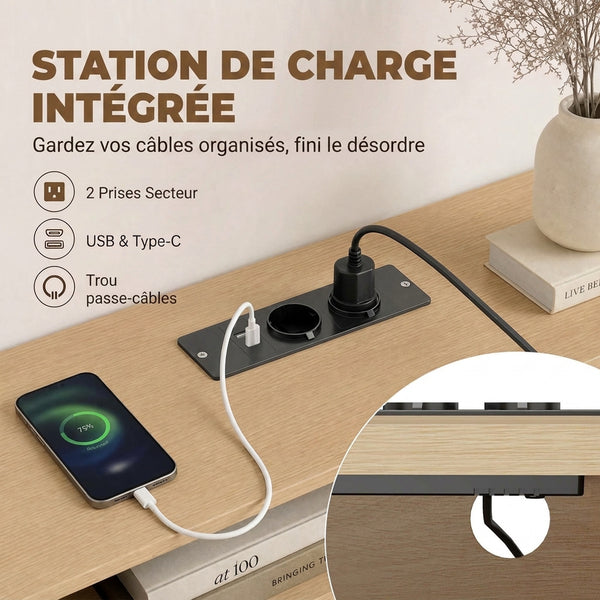 Meuble TV DORIA 140 cm – Effet chêne & doré, prises USB intégrées