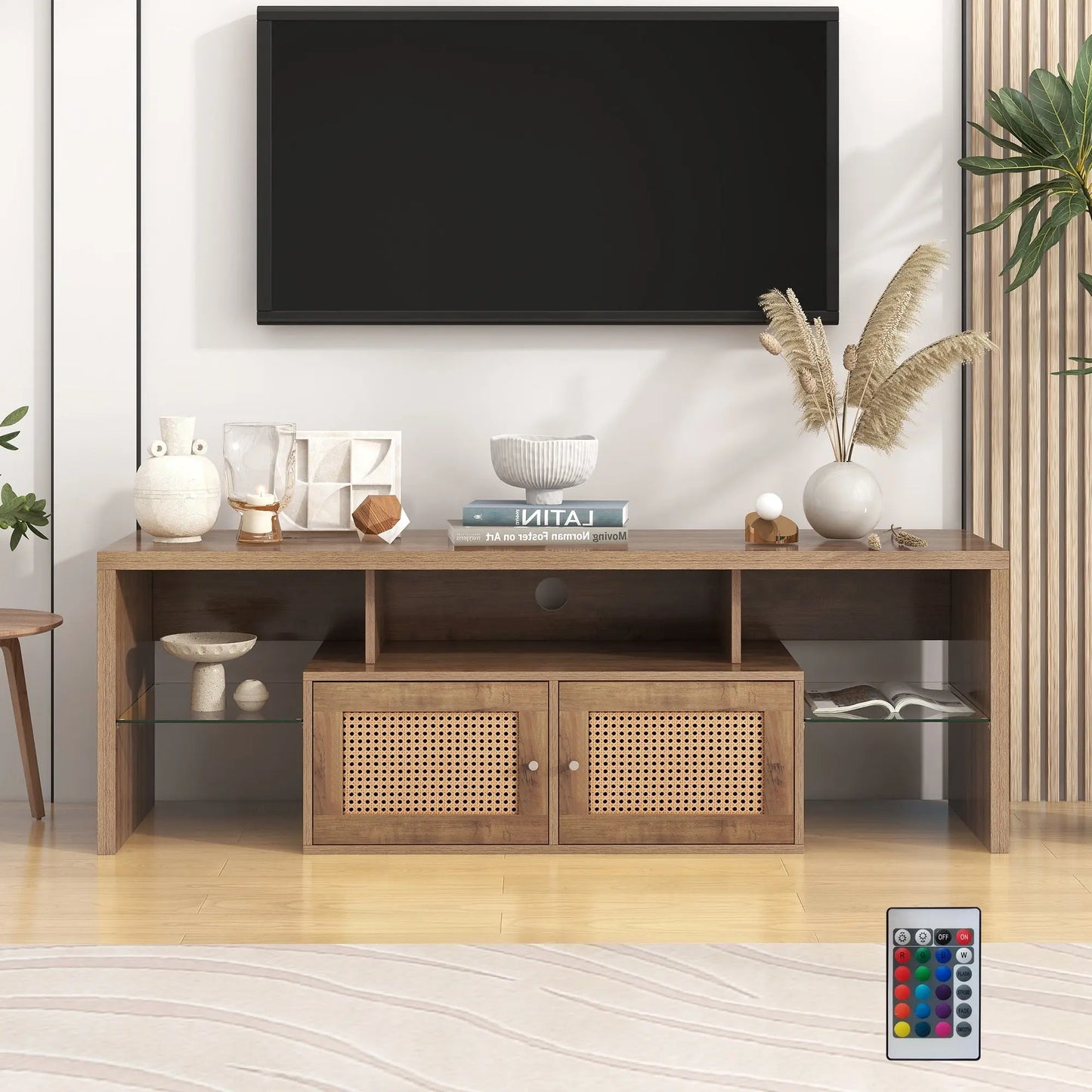 Meuble tv NATURA Rotin 150, lumière LED