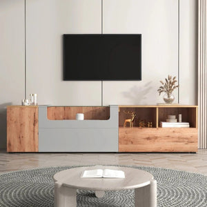 Meuble TV Design Scandinave Gris Clair et Bois avec Éclairage LED