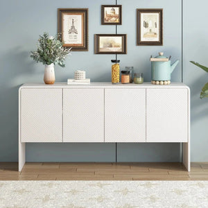 Buffet Solstice Blanc – Minimaliste à 4 portes pour salon ou salle à manger avec porte rainuré